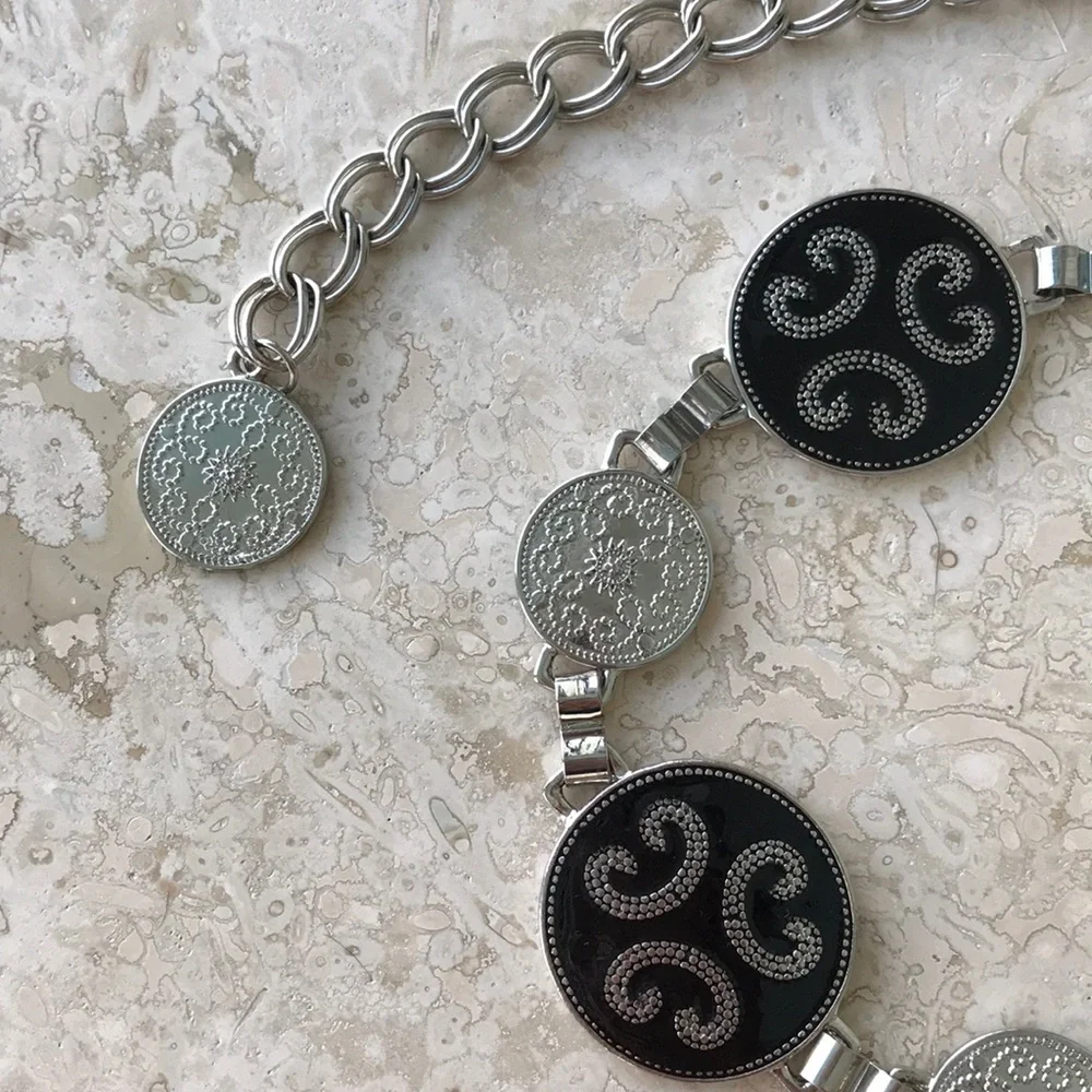 Black and Silver Chain Belt with Medallions one size